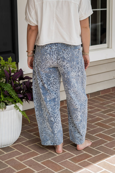 Blue Leopard Barrel Pants