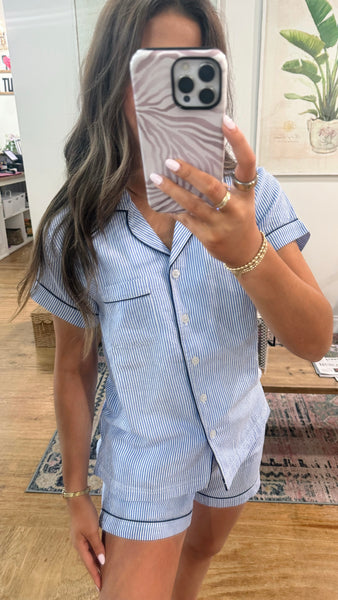 Blue Seersucker Shorty Pajamas