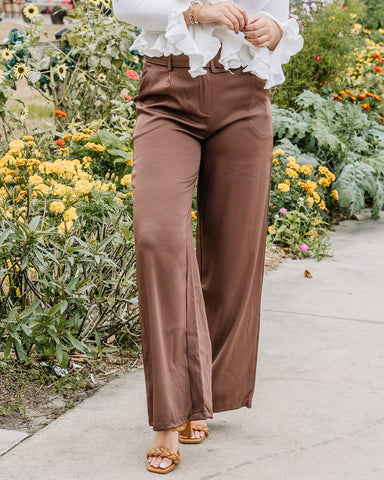 Twill Square Buckle Belted Wide Leg Trousers