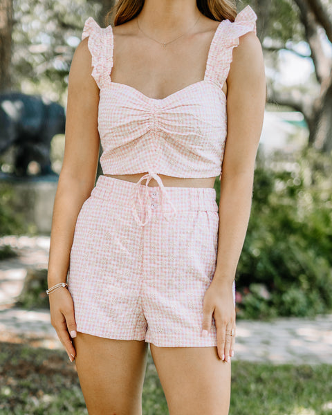Embroidered Flower Ruffle Crop