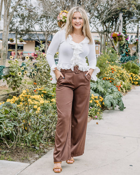 Twill Square Buckle Belted Wide Leg Trousers