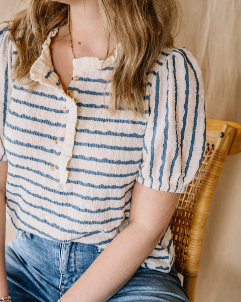 Ruffled Neck Button Front Striped Knit Top