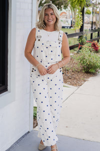 Polka Dot Denim Barrel Overalls