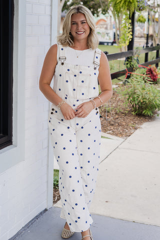 Polka Dot Denim Barrel Overalls