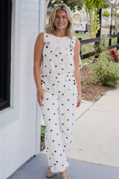 Polka Dot Denim Barrel Overalls