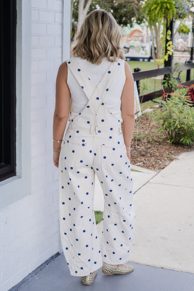 Polka Dot Denim Barrel Overalls